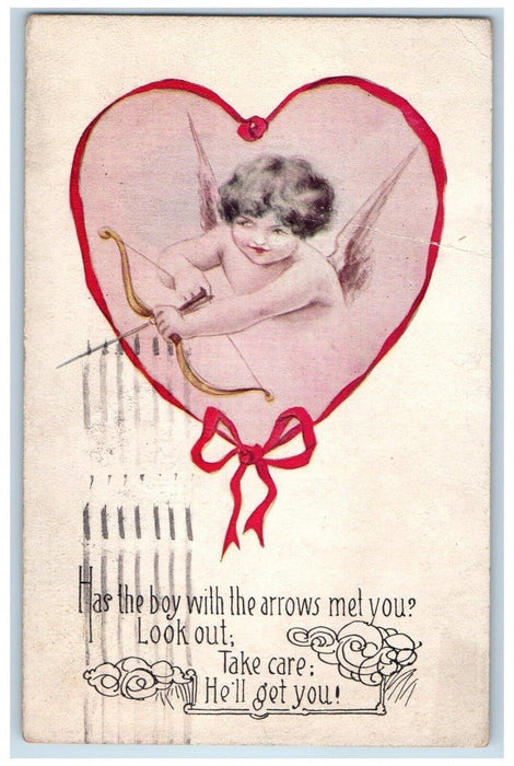 1917 Valentine Heart Cupid Angel Bow And Arrow Gibson Buffalo NY Posted Postcard