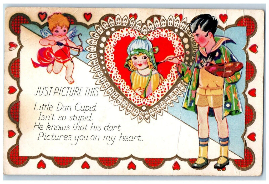 c1910's Valentine Cupid Angel Boy Painter Hearts Embossed Antique Postcard