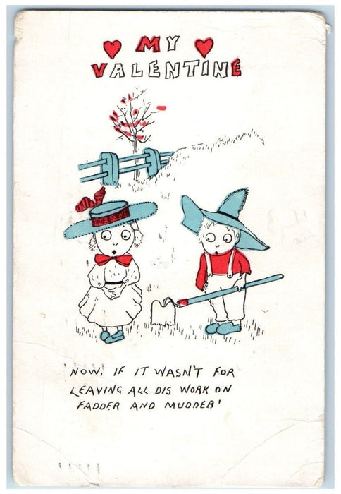 1911 Valentine Children Cutting Grass Fence  Embossed Albany NY Antique Postcard