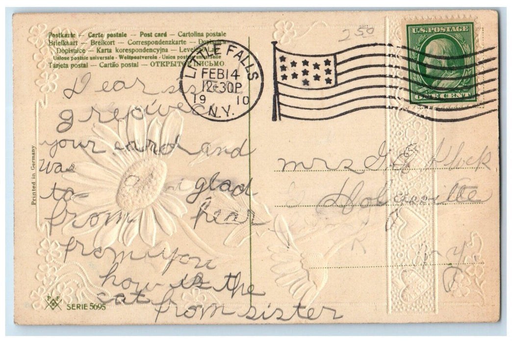 1910 Valentine Daisy Flowers Hearts Embossed Little Falls New York NY Postcard