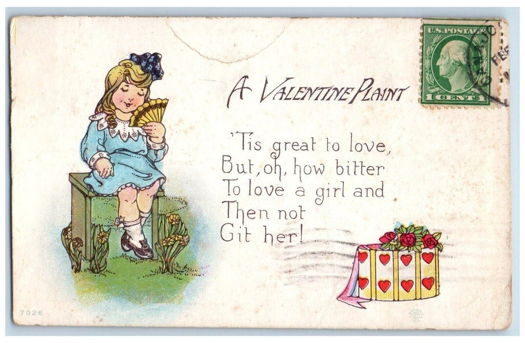 1921 Valentine Plaint Girl Flowers Heart In Box Embossed Canajoharie NY Postcard