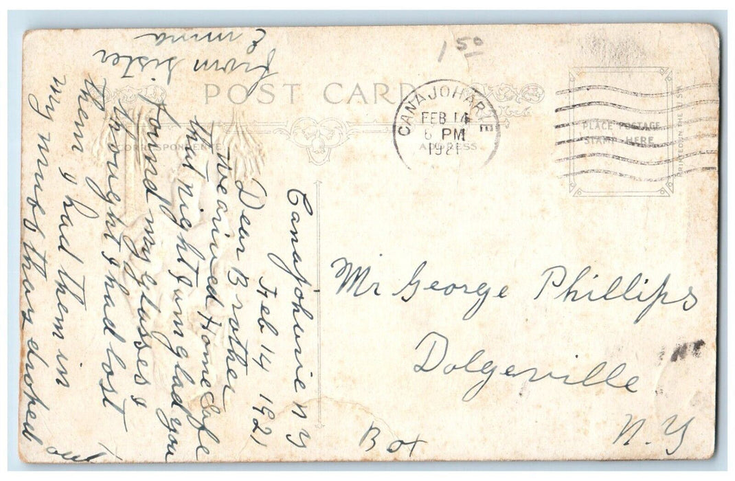 1921 Valentine Plaint Girl Flowers Heart In Box Embossed Canajoharie NY Postcard
