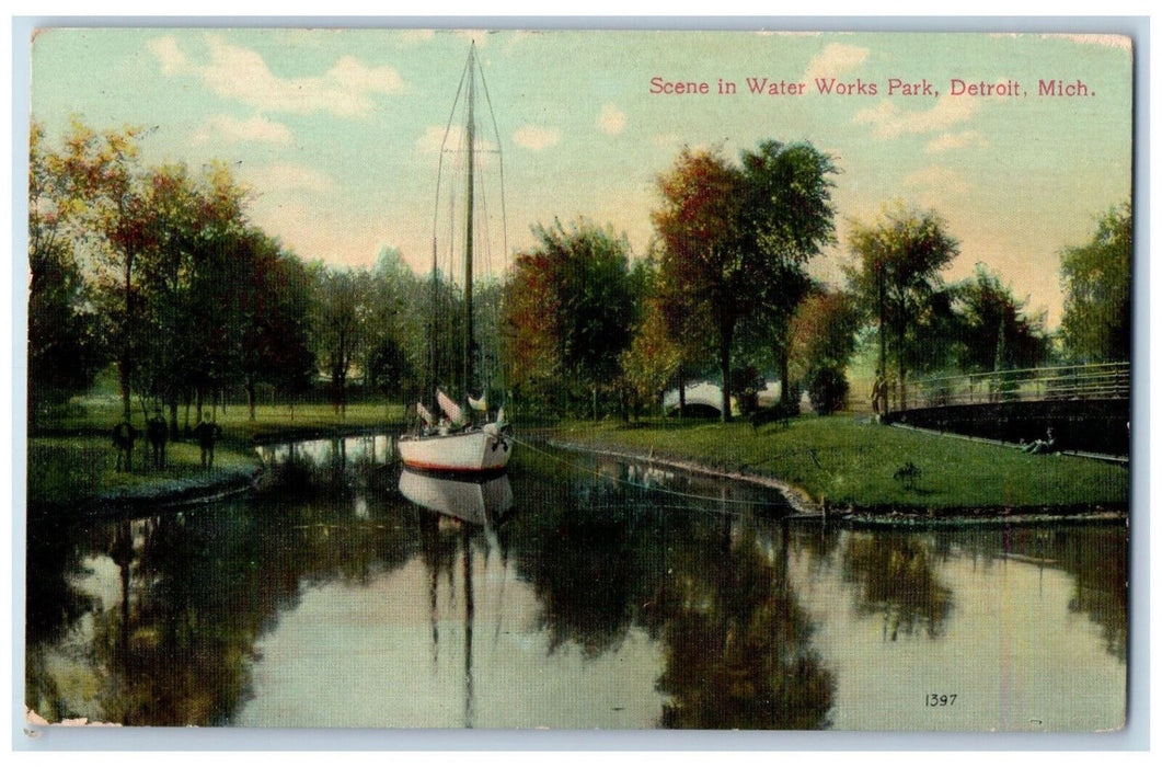1909 Scene In Water Works Park Sailboat Detroit Michigan MI Antique Postcard