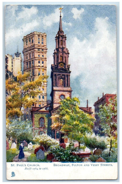 c1905 Broadway Fulton Vesey Streets St. Paul Church Oilette Tuck Art Postcard