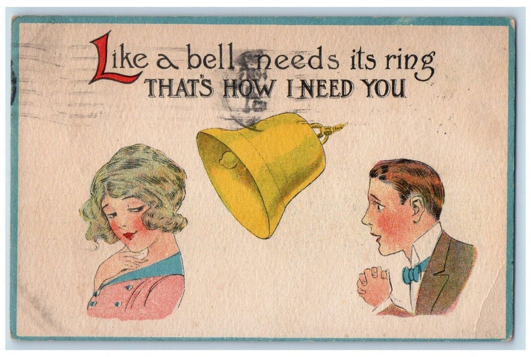 c1910's Valentine Couple Man Begging Ringing Bell Warrensburg NY Posted Postcard