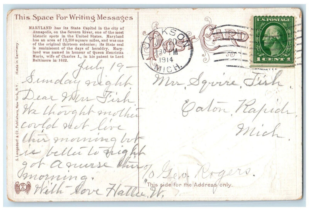 1914 Maryland State Capitol Severn River Historic Annapolis Maryland MD Postcard
