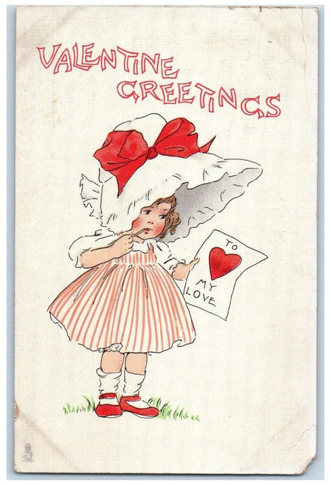1913 Valentine Greetings Little Girl Big Hat Letter Tuck's Oil City PA Postcard