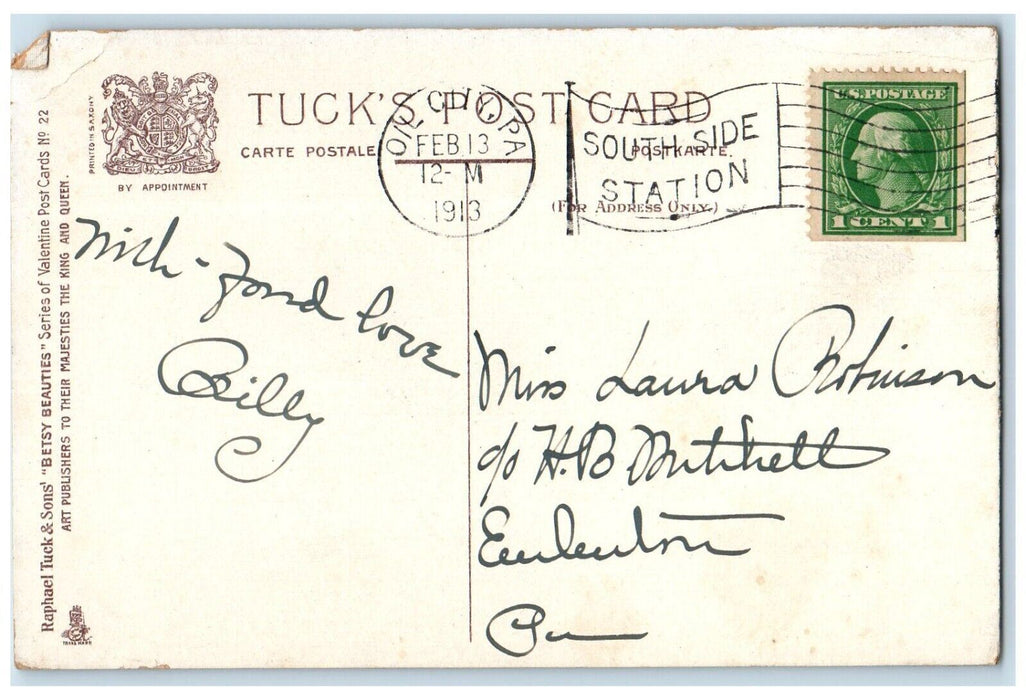 1913 Valentine Greetings Little Girl Big Hat Letter Tuck's Oil City PA Postcard