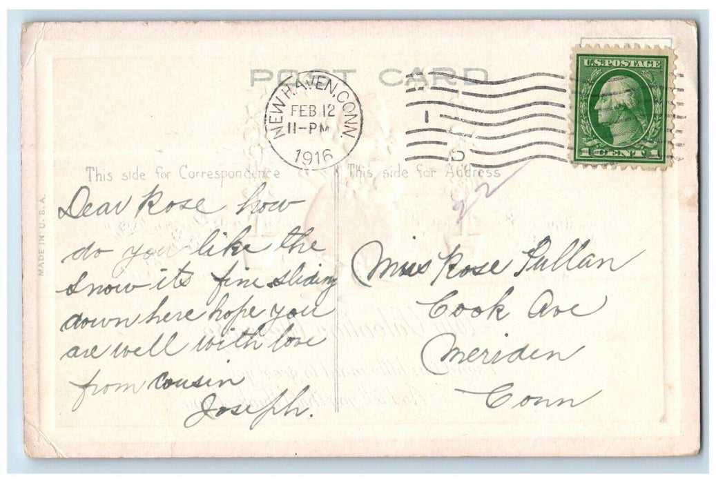 1916 Valentine Message Girl Flowers In Pot Embossed New Haven CT Posted Postcard