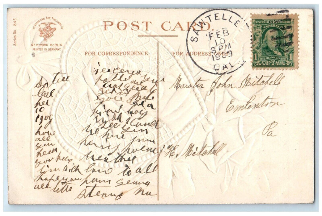 1909 Valentine Greeting Boy In Heart Flowers Clapsaddle Embossed Posted Postcard