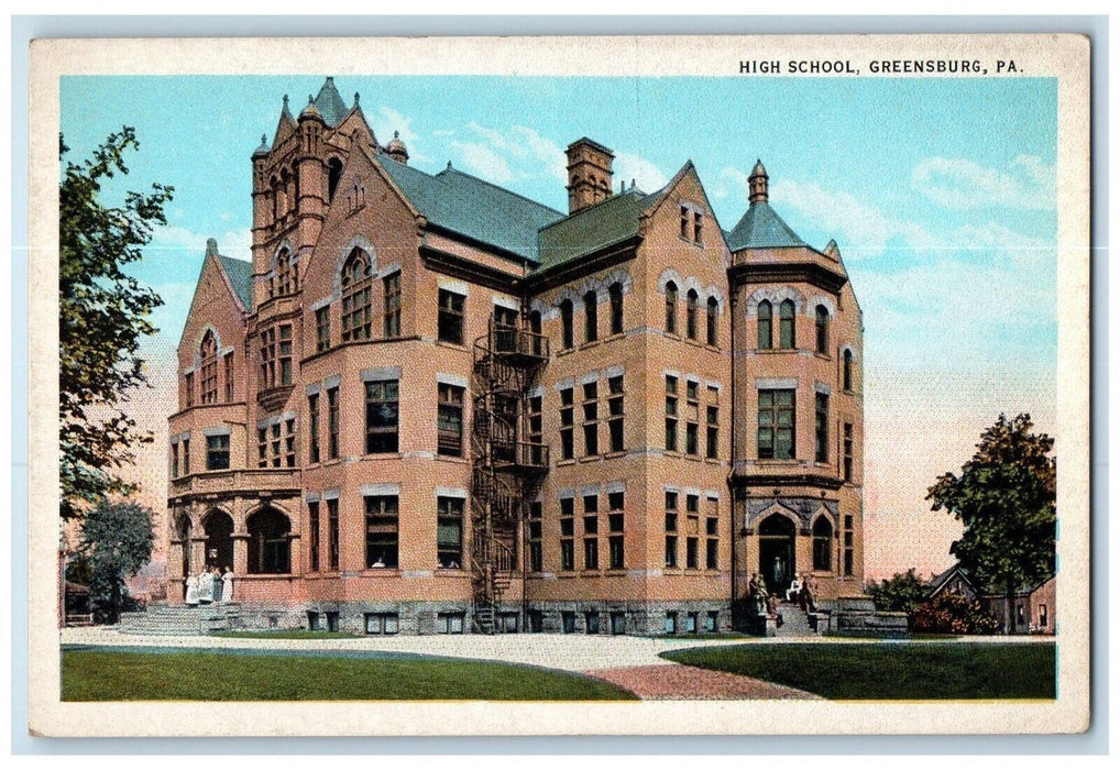 c1920 High School Exterior Building Road Field Greensburg Pennsylvania Postcard