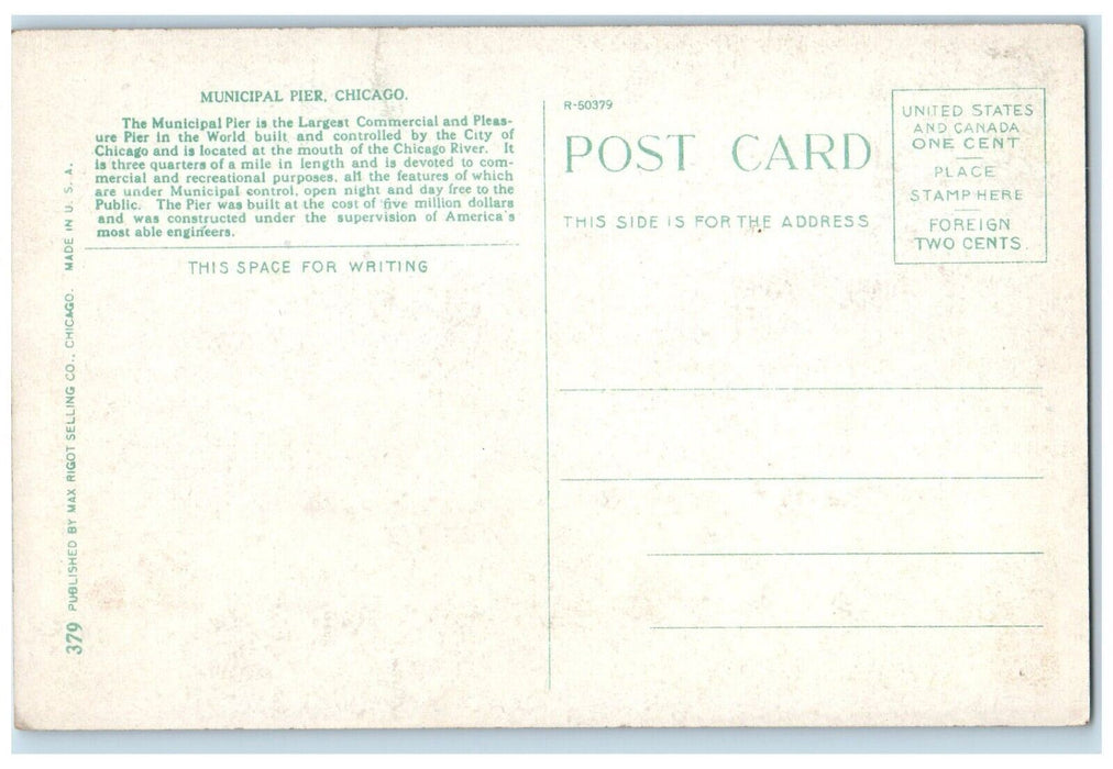 c1920 Municipal Pier Largest Commercial Pleasure Pier Chicago Illinois Postcard