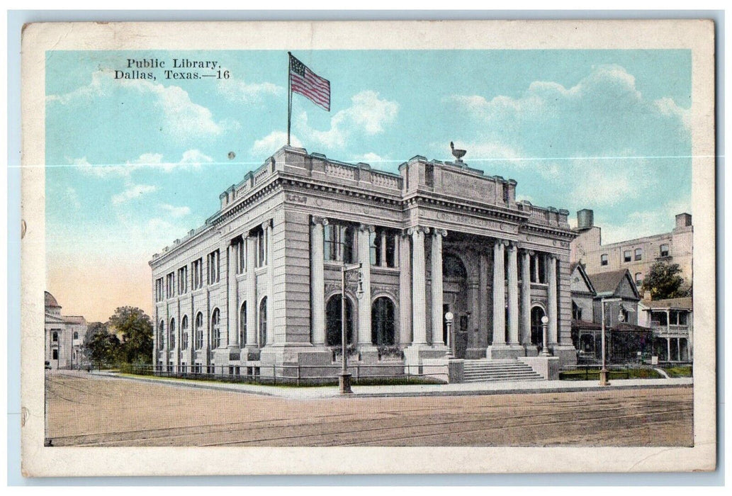 1923 Public Library Exterior Building Street US Flag Road Dallas Texas Postcard