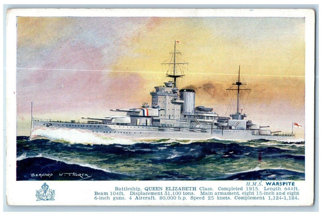c1920 Battleship Queen Elizabeth HMS Warspite World War Aircraft Ship Postcard