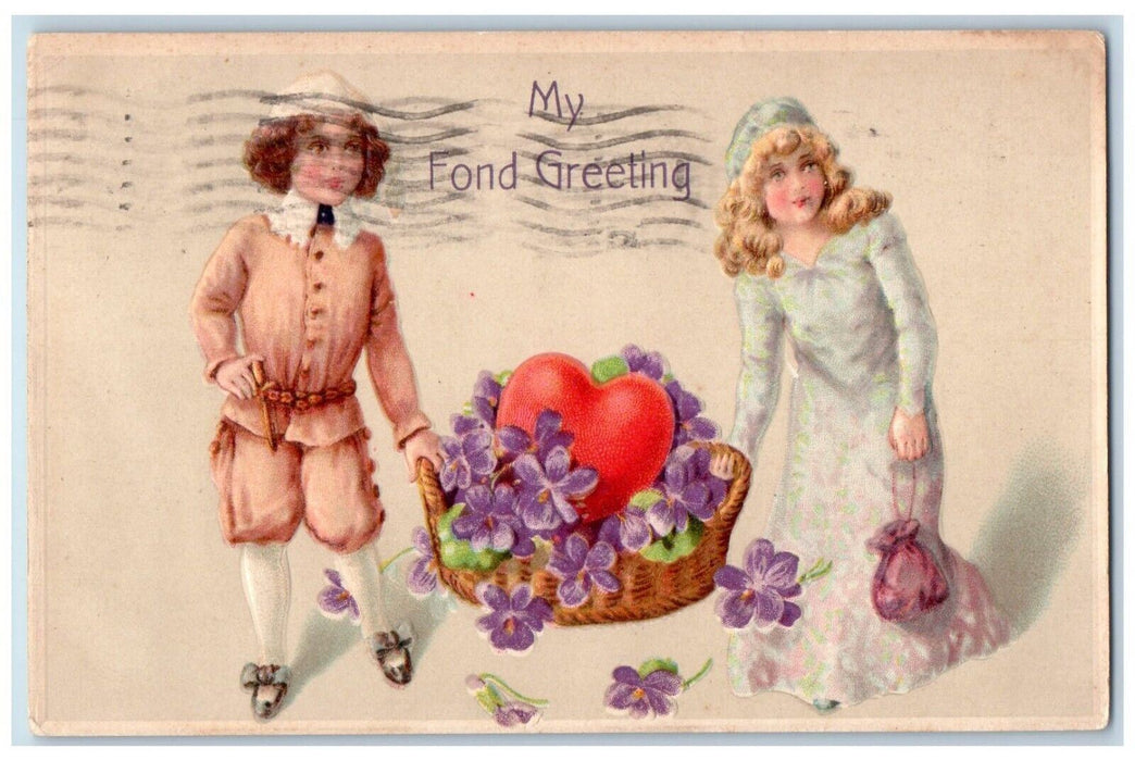 1912 Valentine Greeting Children Pansies Flowers Basket Embossed Posted Postcard