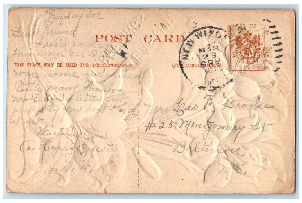 c1910's Easter Greetings Lilies Flowers Airbrushed Embossed Antique Postcard