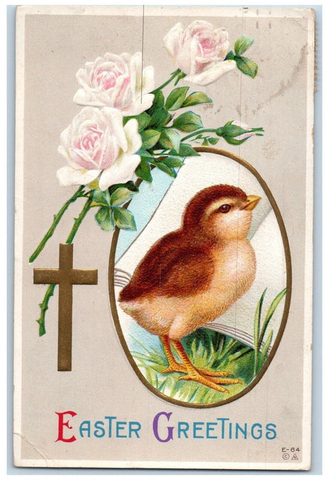 1914 Easter Greetings Holy Cross Bird Flowers Embossed Crisfield MD Postcard
