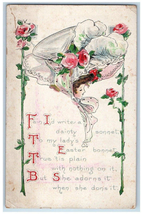 1912 Eater Pretty Woman Big Bonnet Flowers Embossed Baltimore MD Posted Postcard