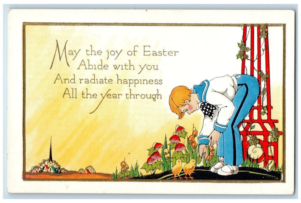 c1910's Easter Abide Boy Chicks Flowers Embossed Unposted Antique Postcard