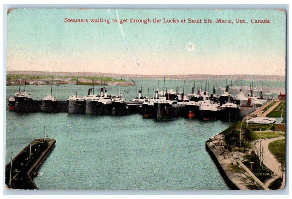 1911 Steamers Waiting Get Locks Sault Ste. Marie Steamer Ontario Canada Postcard