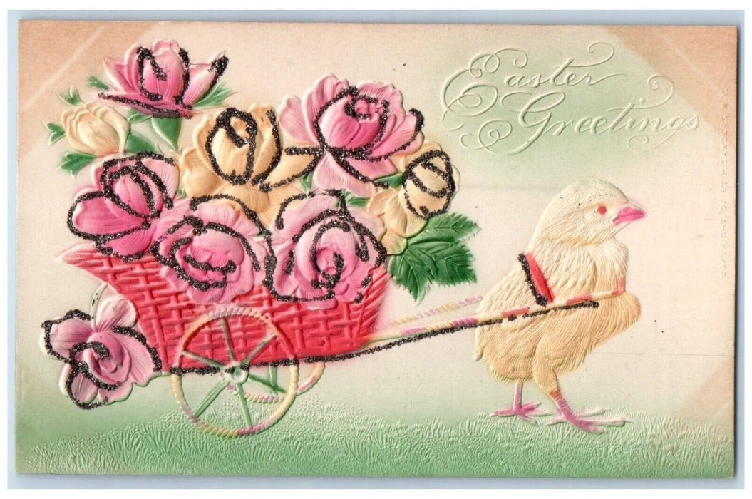 Easter Greeting Chick Pulling Cart With Flowers Airbrushed Embossed Postcard