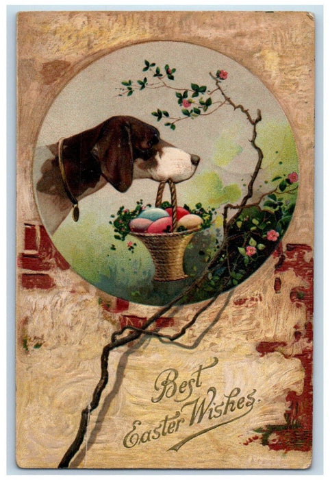 1908 Easter Hound Dog With Basket Eggs Flowers Embossed Kittanning PA Postcard