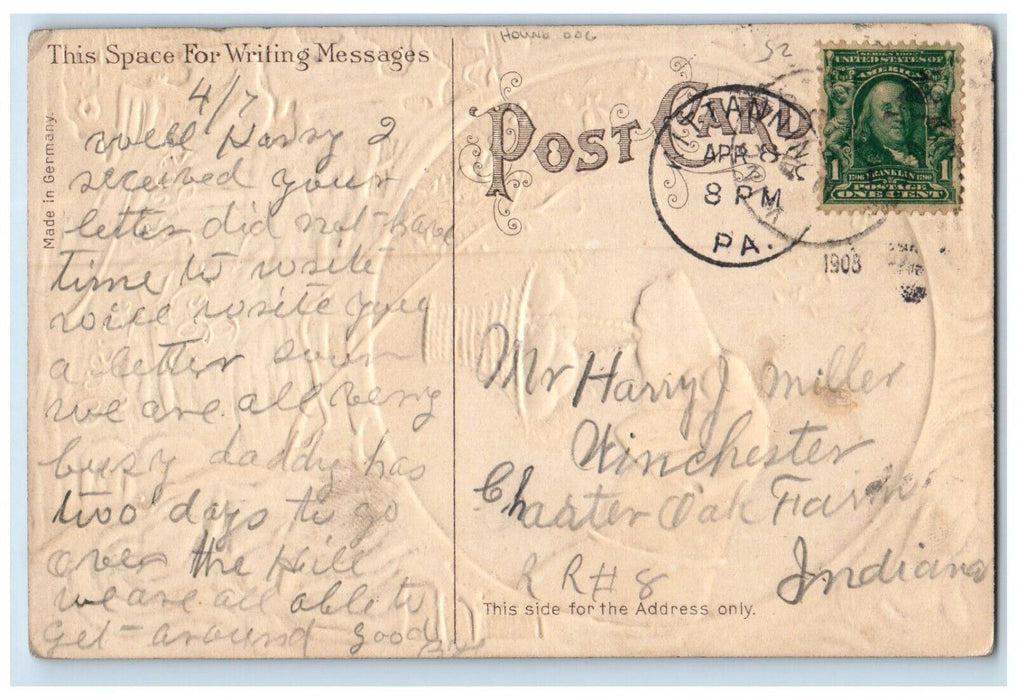 1908 Easter Hound Dog With Basket Eggs Flowers Embossed Kittanning PA Postcard