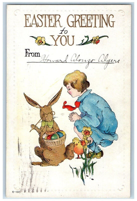 1916 Easter Greeting Anthropomorphic Rabbit Egg Basket Boy Chick Posted Postcard