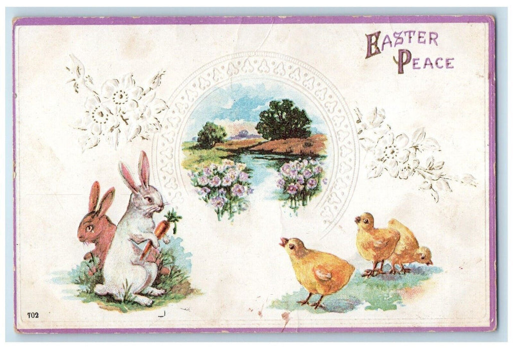 c1910's Easter Peace Bunny Rabbit Carrots Chicks Pansies Flowers Posted Postcard