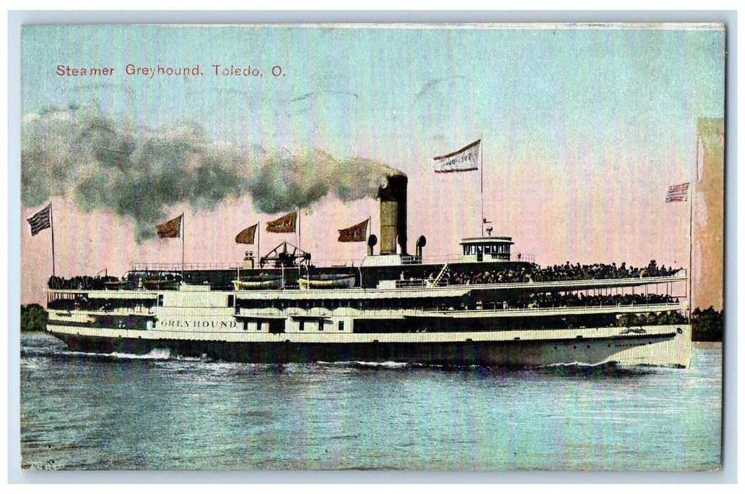 1909 Steamer Greyhound Steamer Cruise Ship Smoke Toledo Ohio OH Vintage Postcard