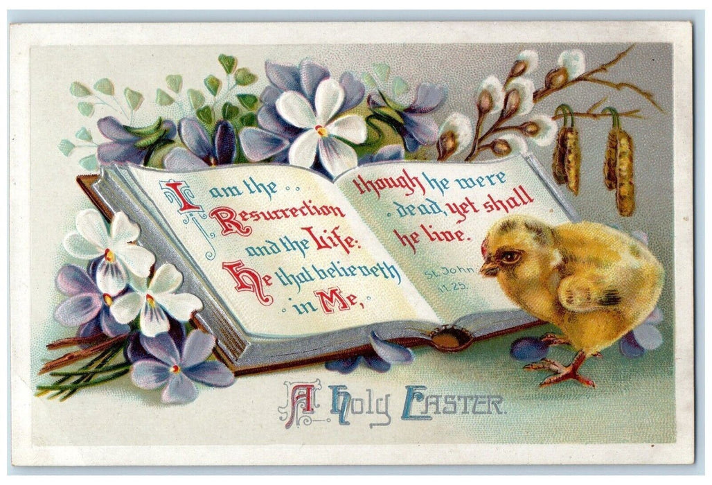 c1910's Easter Chick Pansies Flowers Pipe Berry Cattail Book Clapsaddle Postcard