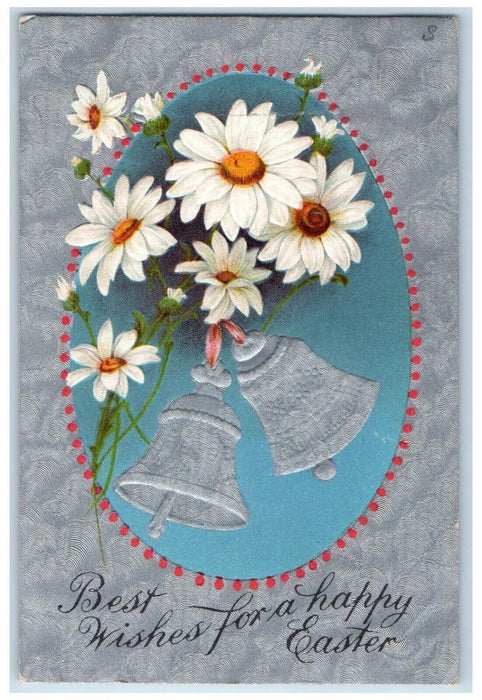 c1910's Happy Easter Daisy Flowers Ringing Bells Embossed Antique Postcard