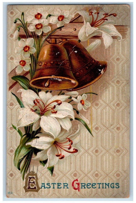 1911 Easter Greetings Holy Cross Lilies Flowers Ringing Bells Embossed Postcard