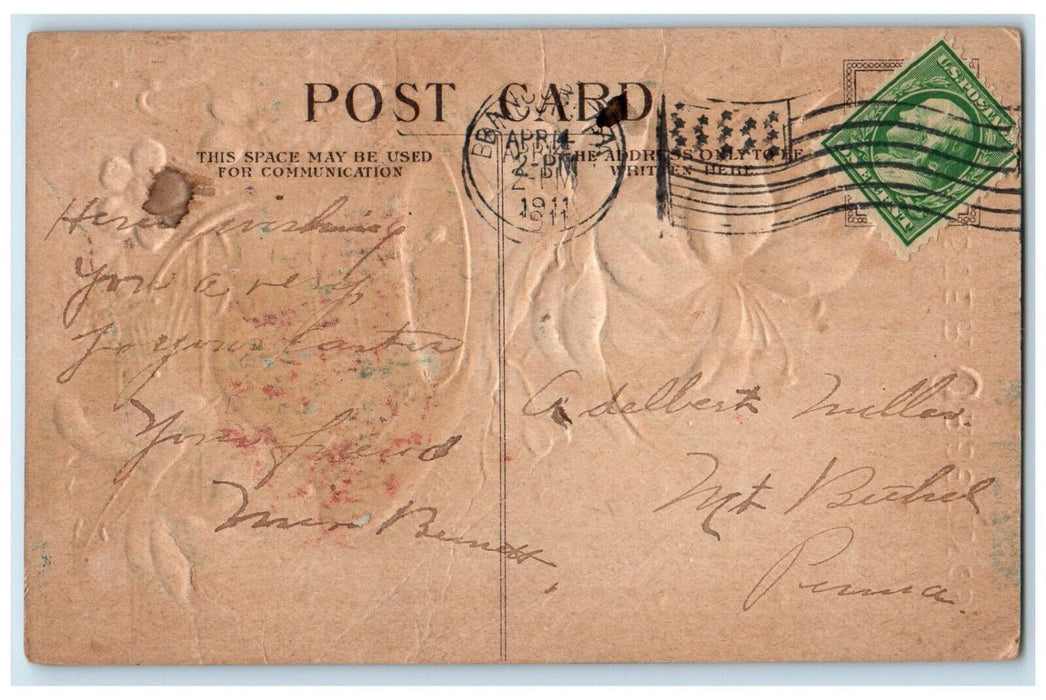1911 Easter Greetings Holy Cross Lilies Flowers Ringing Bells Embossed Postcard