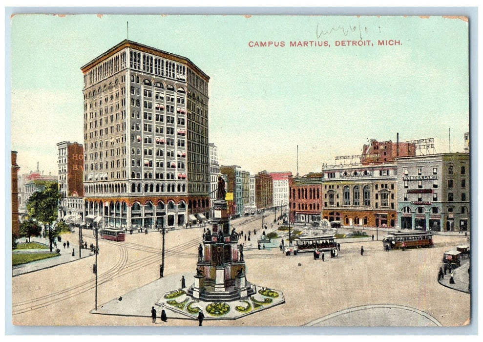 View Of Campus Martius Building Monument Scene Detroit Michigan MI Postcard