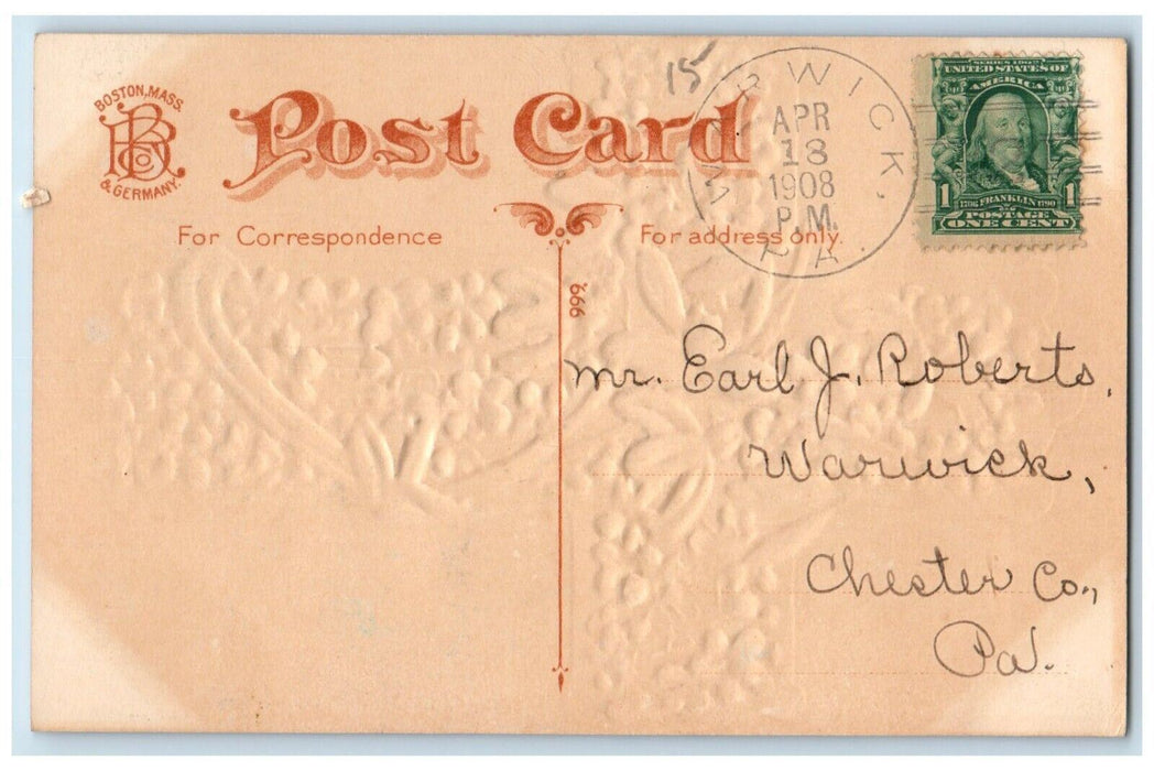 1908 Easter Joy Holy Cross Pansies Lilies Flowers Warwick PA Antique Postcard