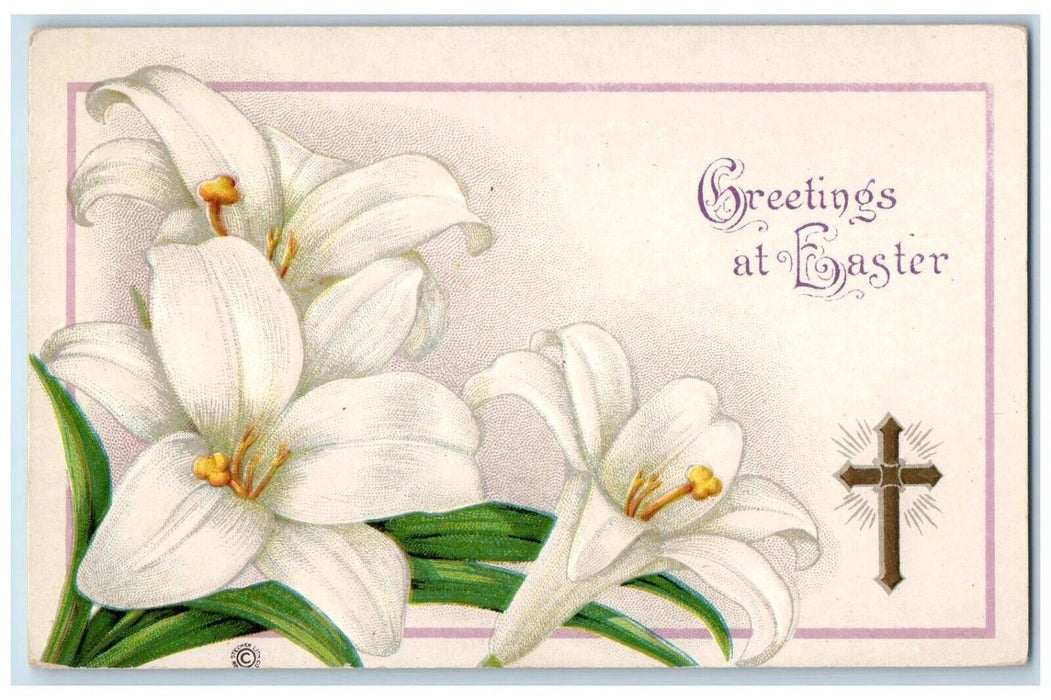 c1910's Easter Greetings Holy Cross White Lilies Flowers Embossed Postcard