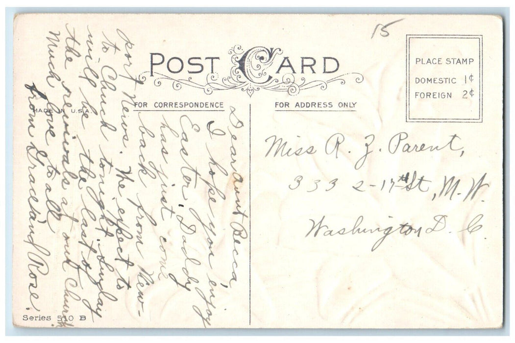 c1910's Easter Greetings Holy Cross White Lilies Flowers Embossed Postcard