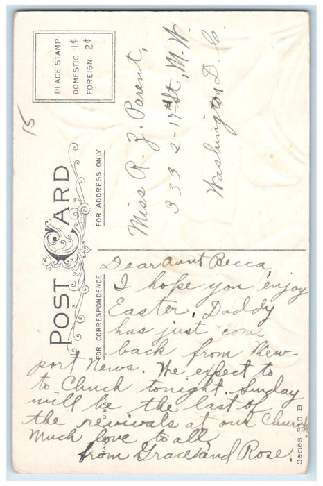 c1910's Easter Greetings Holy Cross White Lilies Flowers Embossed Postcard