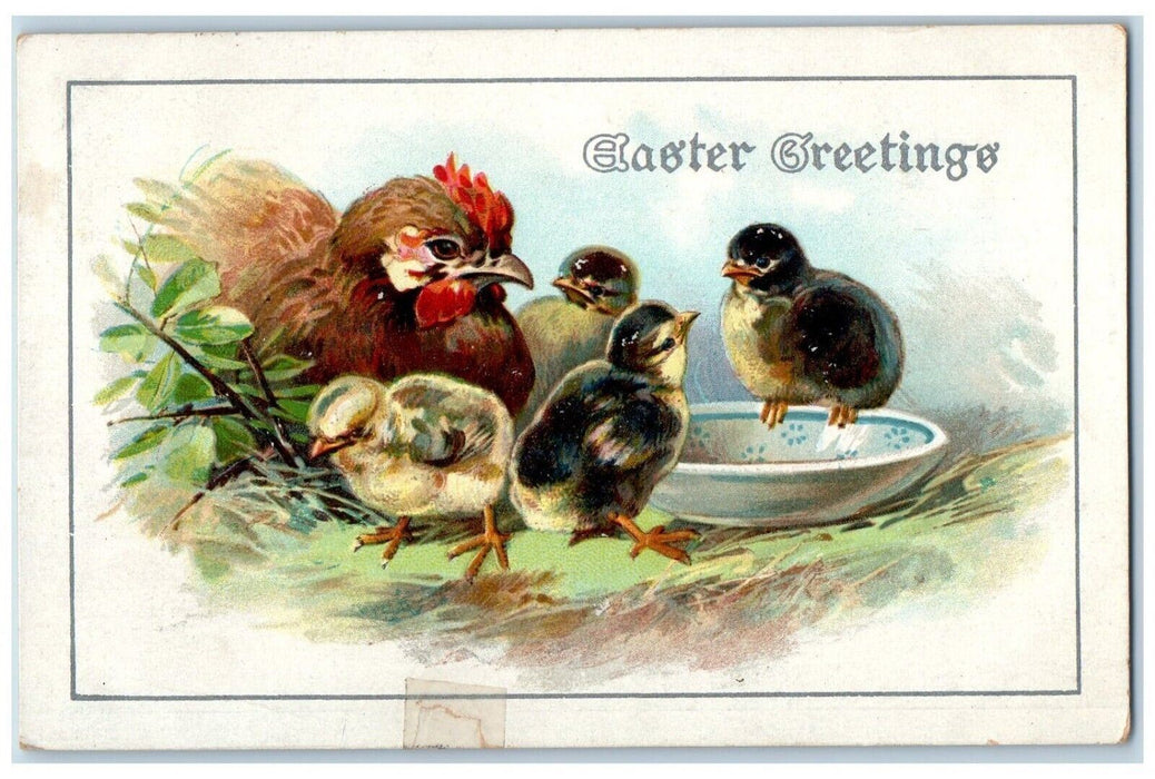 1912 Easter Greetings Chicken Hen Chicks Embossed Posted Antique Postcard