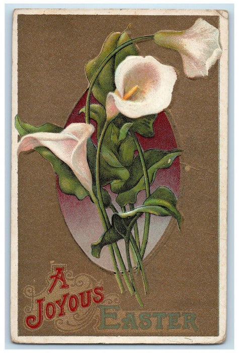 c1910's Joyful Easter Egg White Flowers Embossed Posted Antique Postcard