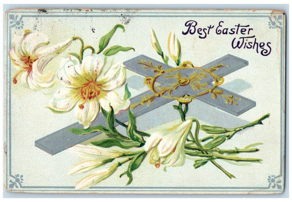 1908 Easter Wishes Holy Cross Lilies Flowers Embossed Tucks's Antique Postcard