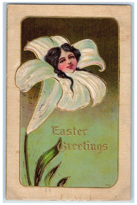 1910 Easter Greetings Woman Head Lily Flower Embossed Beloit WI Posted Postcard