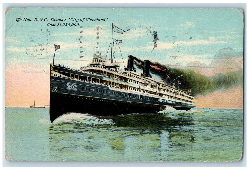 1911 New DC Steamer City Cleveland Steamer Ship Ocean Detroit Michigan Postcard