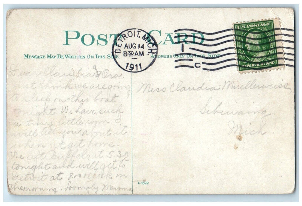 1911 New DC Steamer City Cleveland Steamer Ship Ocean Detroit Michigan Postcard