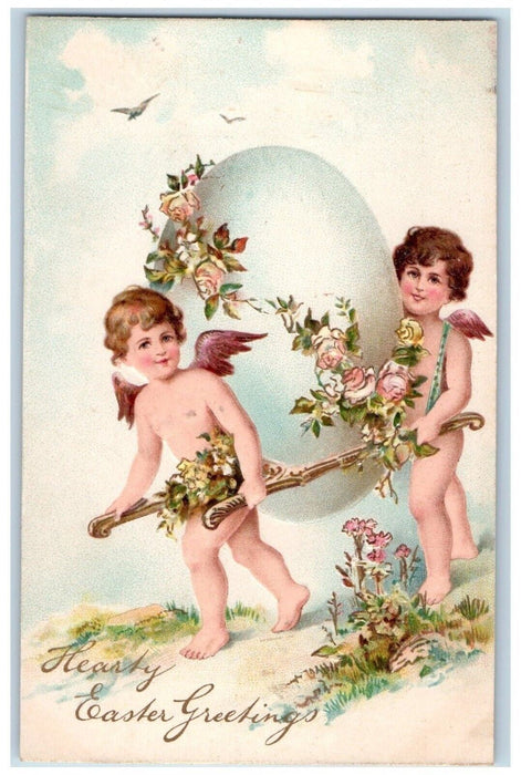 c1910's Easter Greetings Angels Carrying Giant Egg With Flowers Posted Postcard