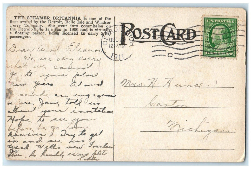 1911 Pleasure Boat Britannia Steamer Belle Island Detroit Michigan MI Postcard