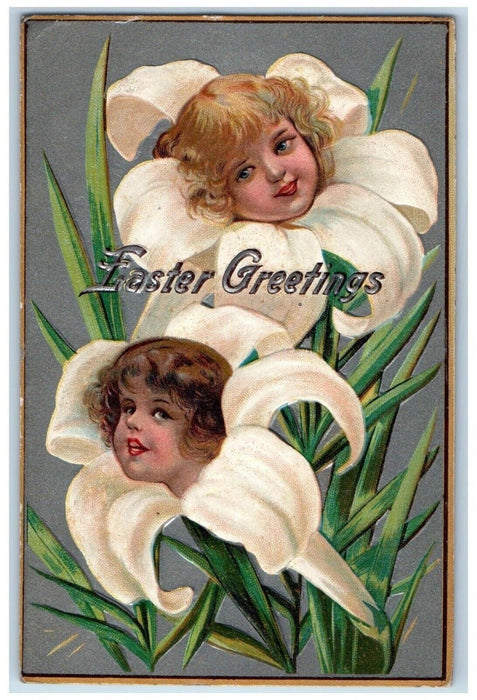 1910 Easter Greetings Lilies Flowers Head Winsch Back Embossed Antique Postcard