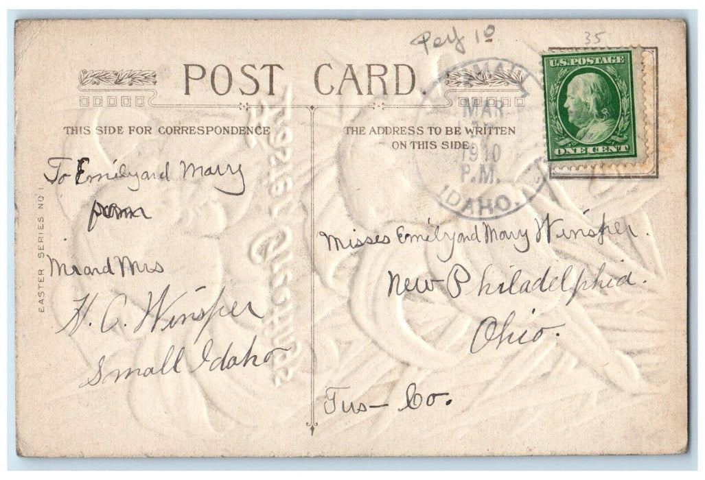 1910 Easter Greetings Lilies Flowers Head Winsch Back Embossed Antique Postcard