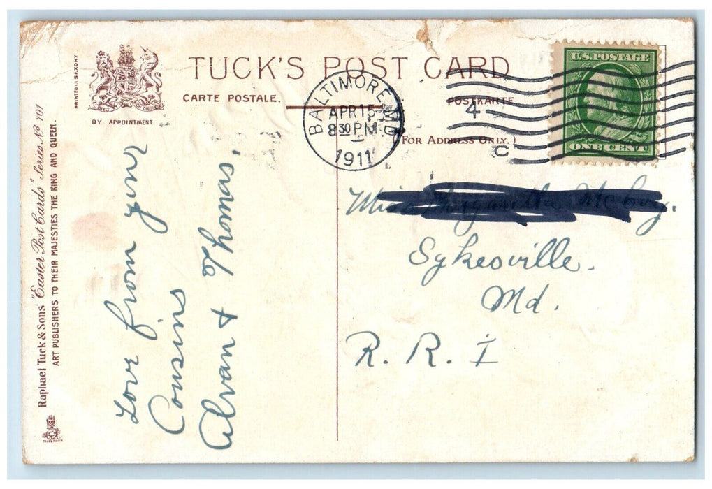 1911 Happy Easter Bunny Rabbit Flowers Tuck's Baltimore Maryland MD Postcard